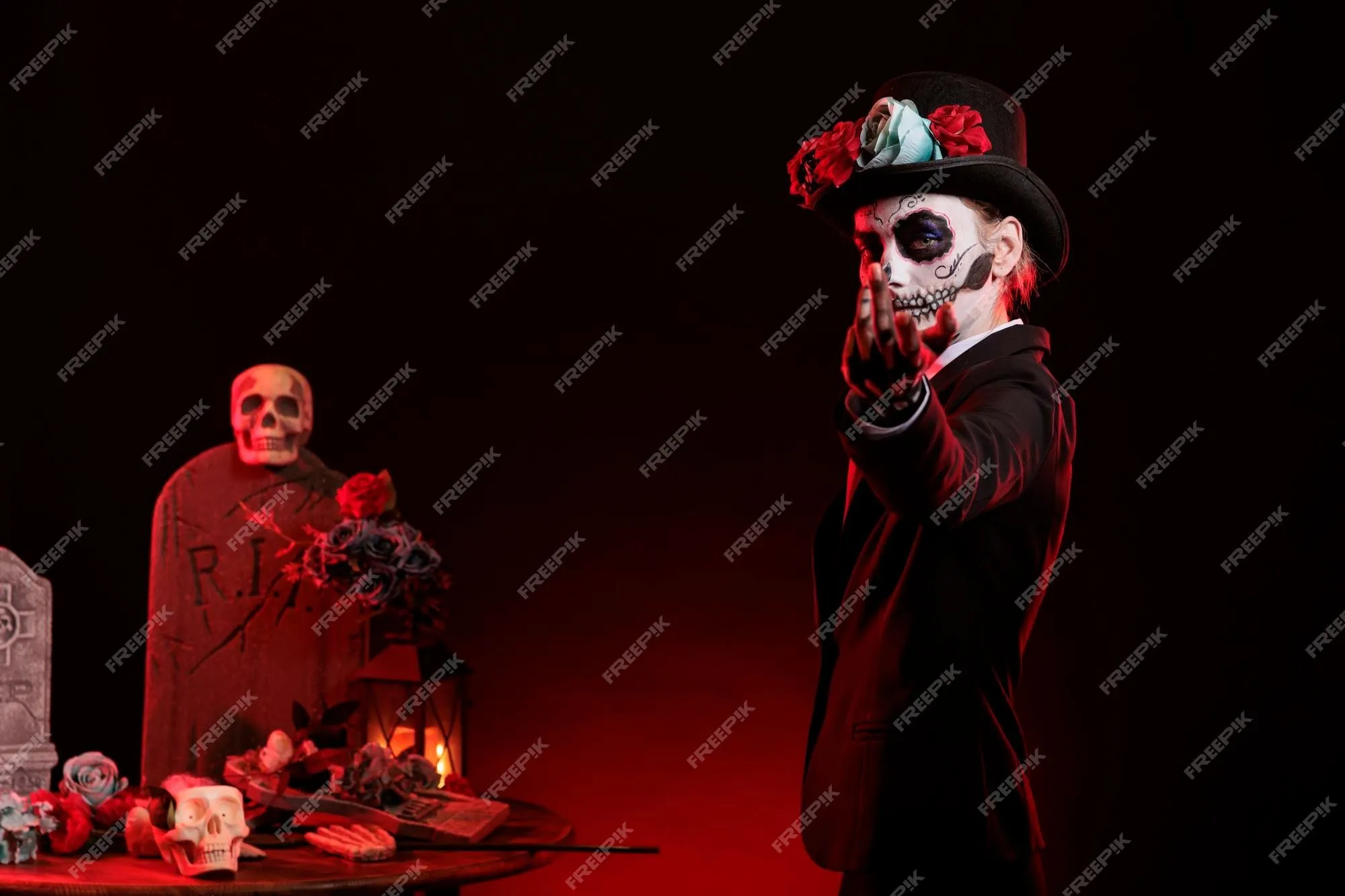 Modelo de dama vestida como calavera catrina para celebrar dios de los muertos en estudio, alcanzando con la mano para atraer y tentar. diosa espeluznante de la muerte con traje de fiesta Modelo de dama vestida como calavera catrina para celebrar dios de los muertos en estudio, alcanzando con la mano para atraer y tentar. diosa espeluznante de la muerte con traje de fiesta