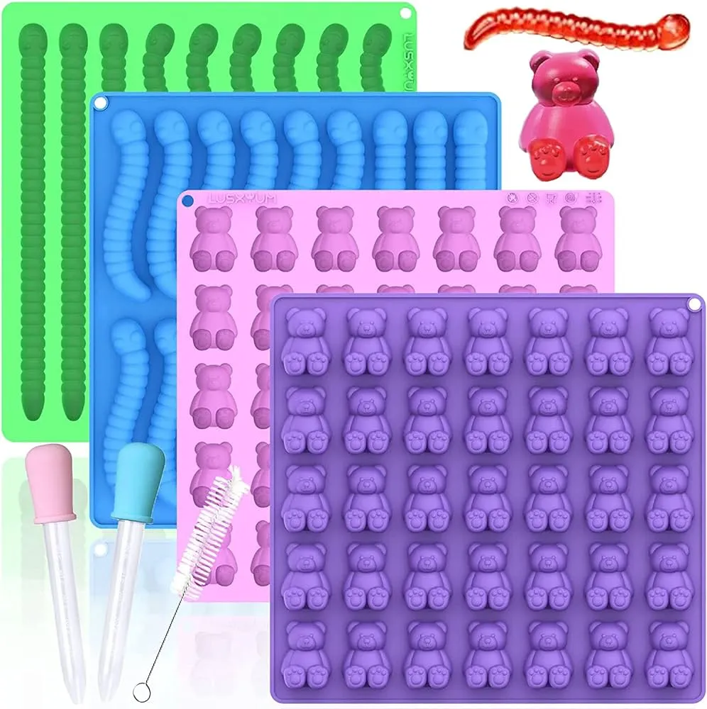 Molde grande de silicona para oso gomoso y gusano, 4 moldes de gomitas antiadherentes para comestibles Molde grande de silicona para oso gomoso y gusano, 4 moldes de gomitas antiadherentes para comestibles