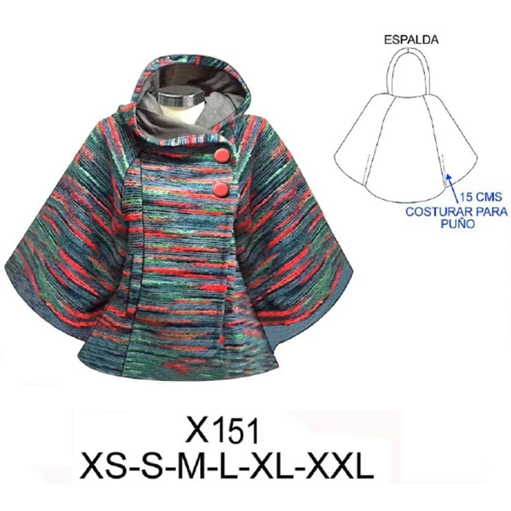 Molde X151 - Poncho cruzado con gorro, largo 63 cms Molde X151 - Poncho cruzado con gorro, largo 63 cms