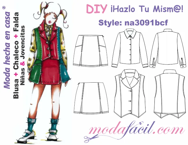 Moldes de blusa, chaleco y falda para niñas y jovencitas Moldes de blusa, chaleco y falda para niñas y jovencitas
