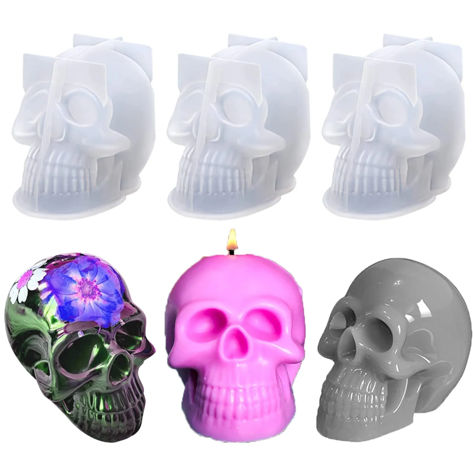 Moldes de calavera, 3 moldes grandes de resina de calavera de silicona para resina epoxi, vela, Moldes de calavera, 3 moldes grandes de resina de calavera de silicona para resina epoxi, vela,