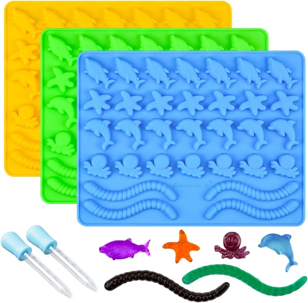 Moldes de gomita para dulces duros – Moldes de silicona incluyendo gusanos, estrellas de mar, delfines, pulpos, Moldes de gomita para dulces duros – Moldes de silicona incluyendo gusanos, estrellas de mar, delfines, pulpos,