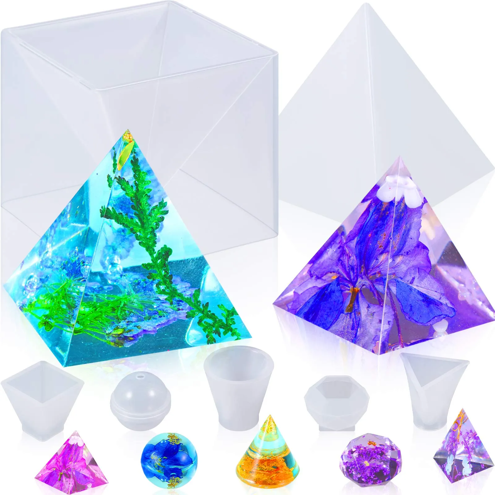 6 moldes de resina de pirámide grande con esfera, cono triangular, cono redondo, forma de diamante, 6 moldes de resina de pirámide grande con esfera, cono triangular, cono redondo, forma de diamante,
