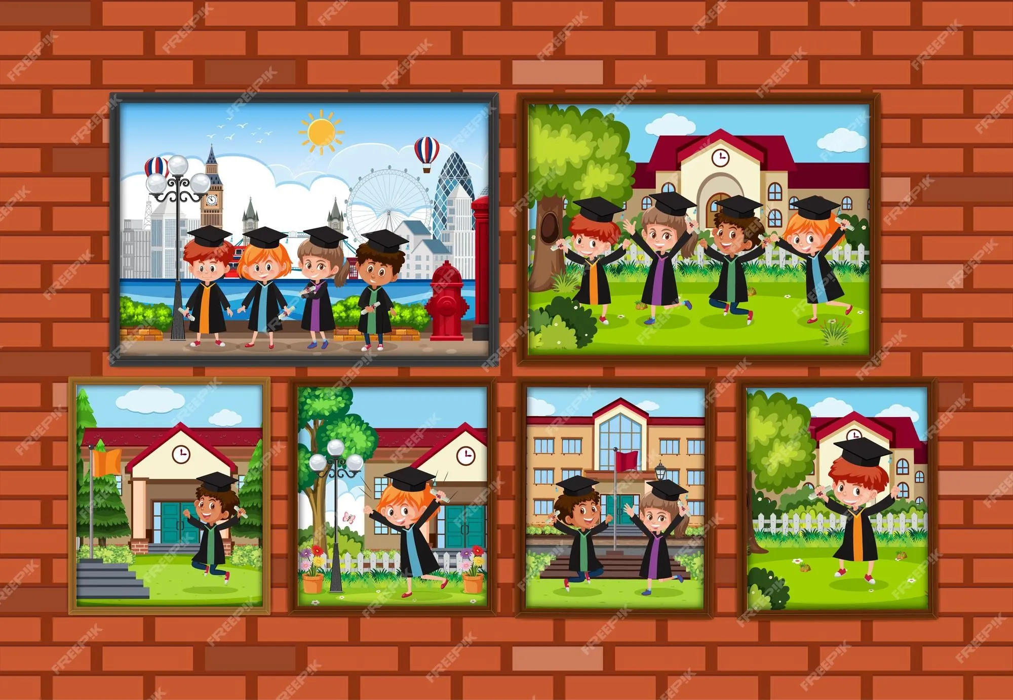 Molduras para fotos de formatura infantil penduradas na parede | Vetor  Premium