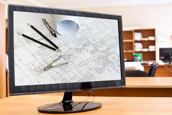 Monitor de la computadora con planos y dibujo cuadro de ... Monitor de la computadora con planos y dibujo cuadro de ...