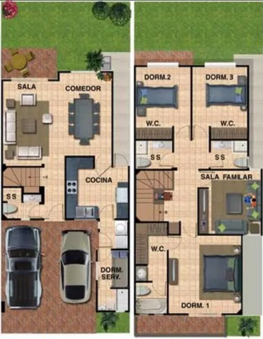 Plano de vivienda de 2 plantas con jardín trasero | Planos de Casas Plano de vivienda de 2 plantas con jardín trasero | Planos de Casas