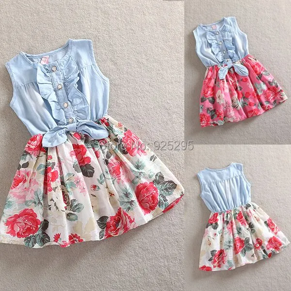 Muchachas del niño vestido de Jean Denim arco de flores con ... Muchachas del niño vestido de Jean Denim arco de flores con ...