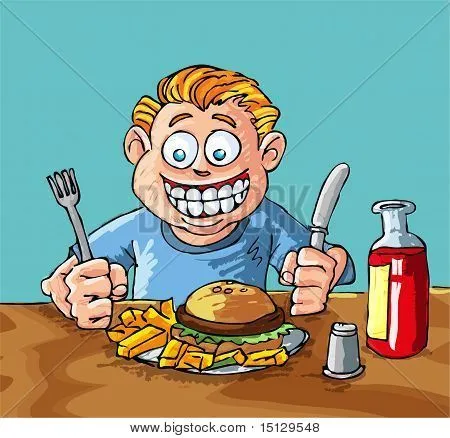 Muchacho de dibujos animados, comer hamburguesas y papas fritas ... Muchacho de dibujos animados, comer hamburguesas y papas fritas ...