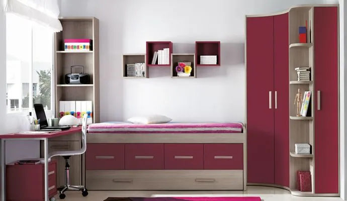 Muebles de dormitorio juvenil con dos camas y escritorio de estudio