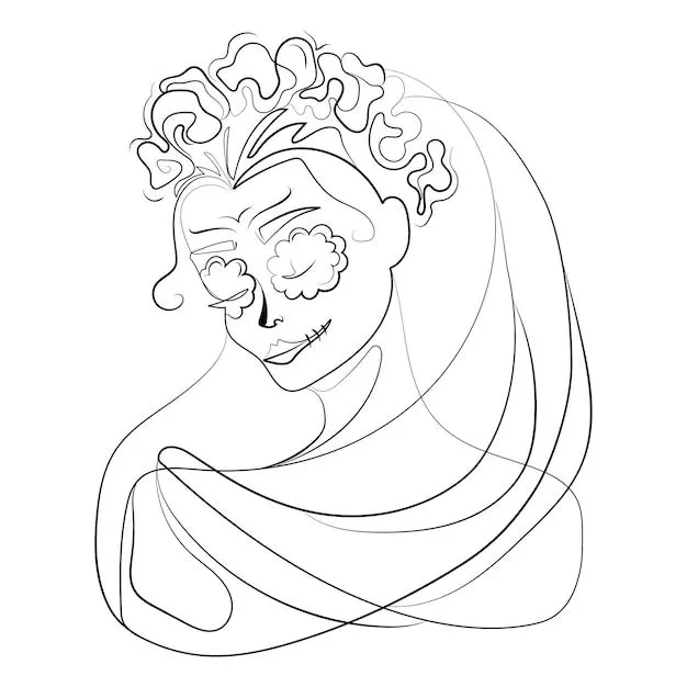 Día de los muertos,retrato de catrina mexicana con calaveras maquilladas y  corona floral,vector de dibujo lineal | Vector Premium