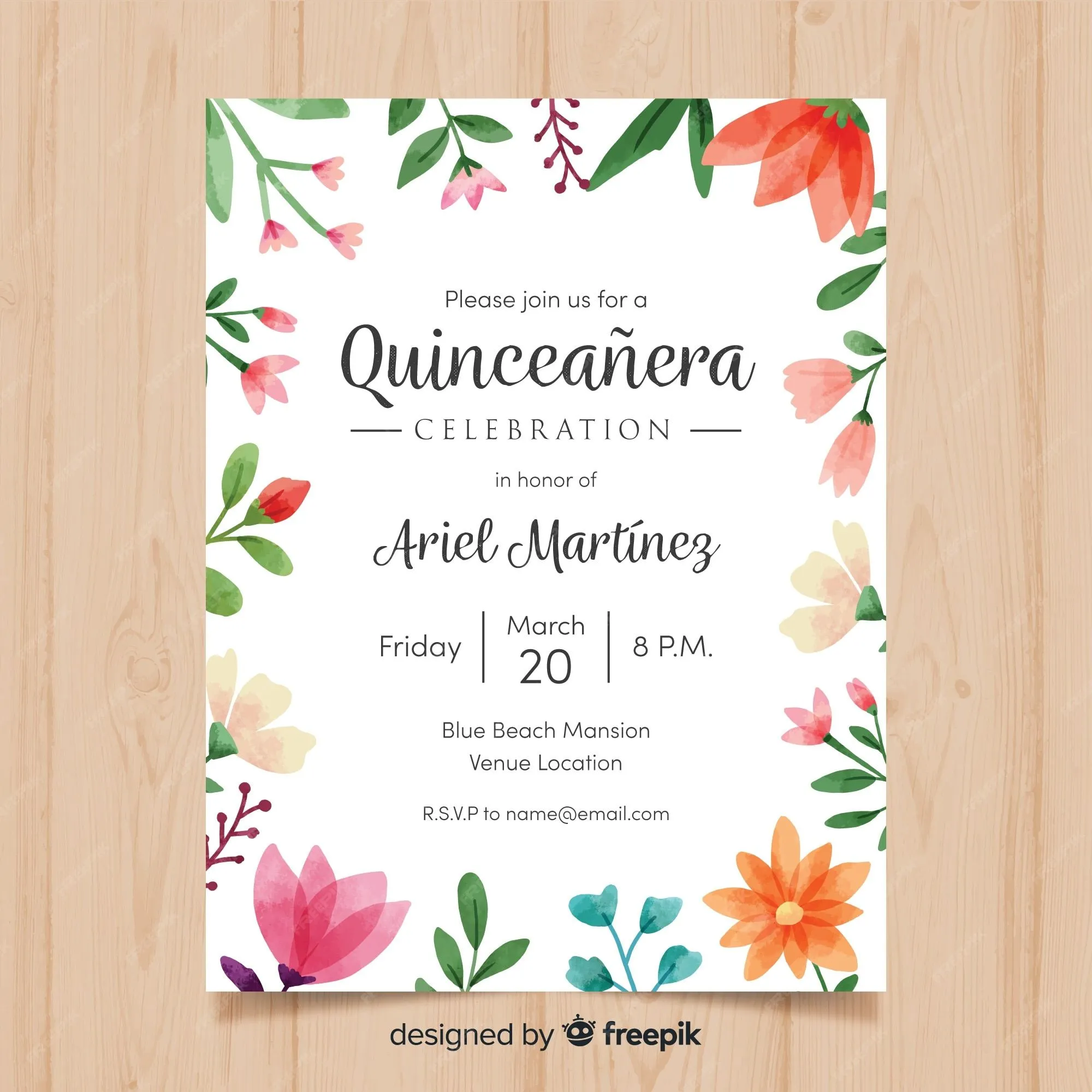 Muestra tarjeta quinceañera marco floral acuarela | Vector Gratis Muestra tarjeta quinceañera marco floral acuarela | Vector Gratis