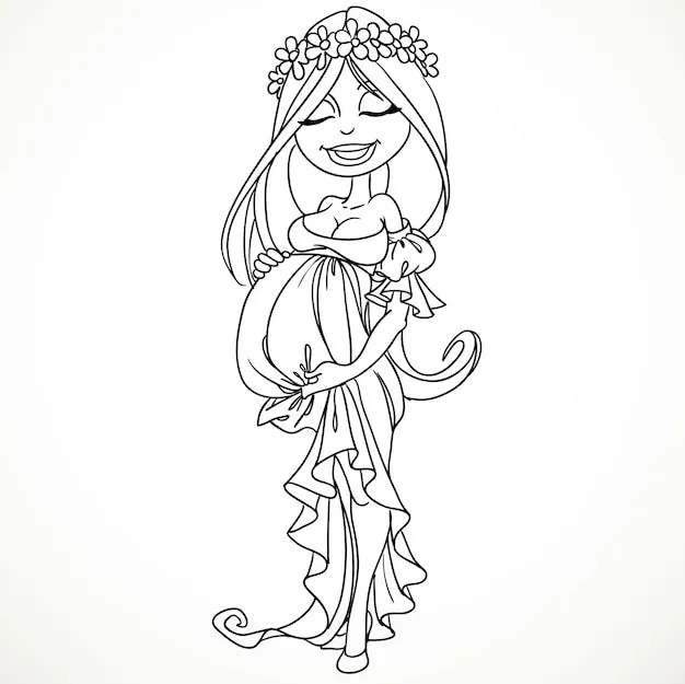 Mujer embarazada soñando con un vestido largo con contorno negro para colorear | Vector Premium Mujer embarazada soñando con un vestido largo con contorno negro para colorear | Vector Premium