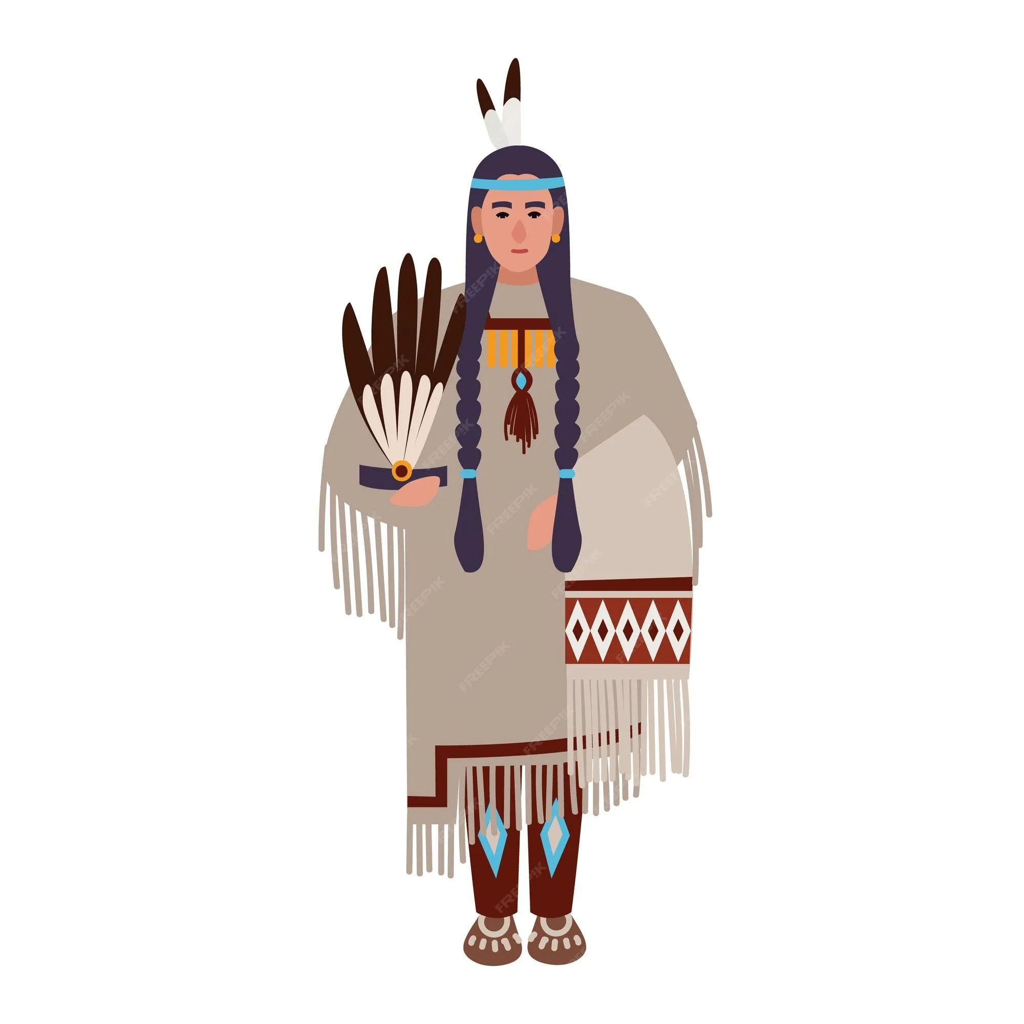 Mujer indígena americana con trenzas o india vistiendo ropas tribales  étnicas. pueblos indígenas de américa. personaje de dibujos animados  femenino aislado sobre fondo blanco. ilustración de vector plano colorido.  | Vector Premium
