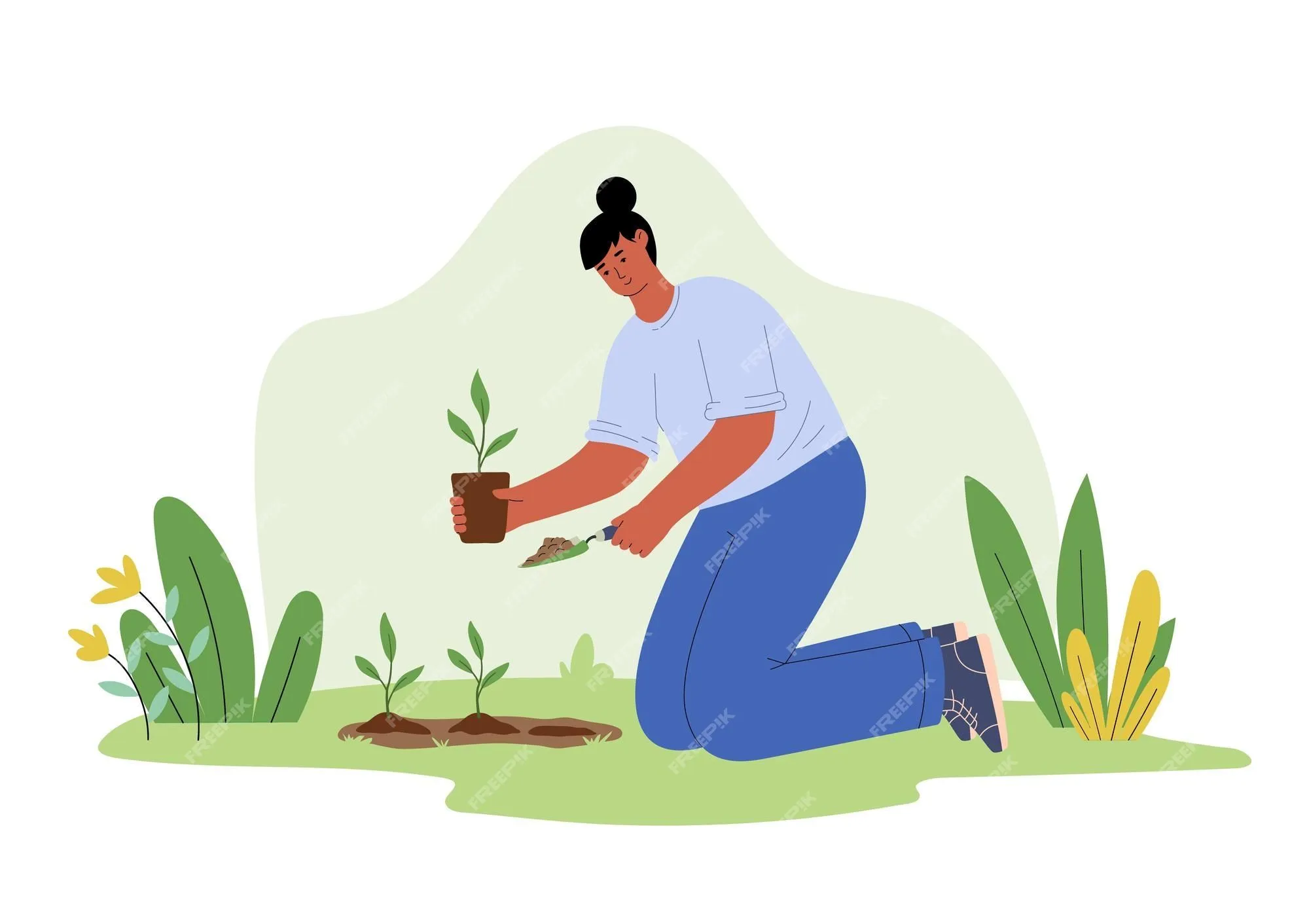 Mujer sembrando plantas en el jardín actividades de personas planta de jardinería voluntaria día de la tierra | Vector Premium Mujer sembrando plantas en el jardín actividades de personas planta de jardinería voluntaria día de la tierra | Vector Premium