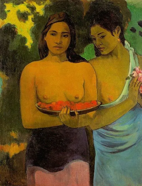 Dos mujeres tahitianas . Autor:Paul Gauguin.  Fecha:1899. Museo:Metropolitan Museum.  Características:94 x 73 cm.  Material:Oleo sobre lienzo 