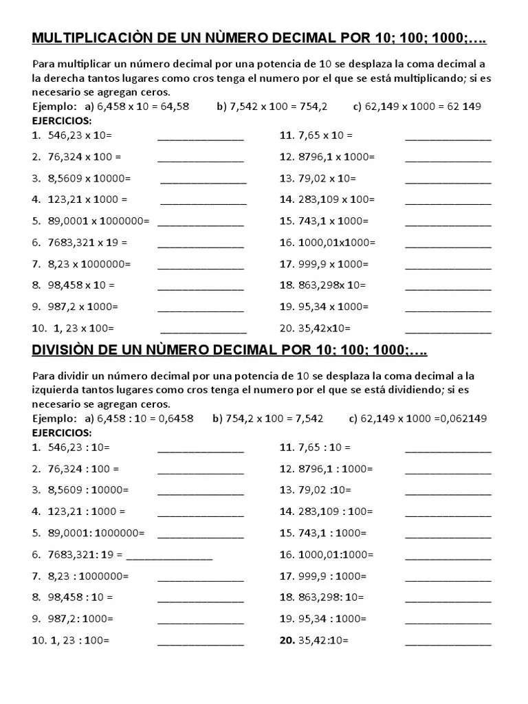 Multiplicacion de Un Numero Decimal Por 10 | PDF | División (Matemáticas) | Álgebra abstracta Multiplicacion de Un Numero Decimal Por 10 | PDF | División (Matemáticas) | Álgebra abstracta