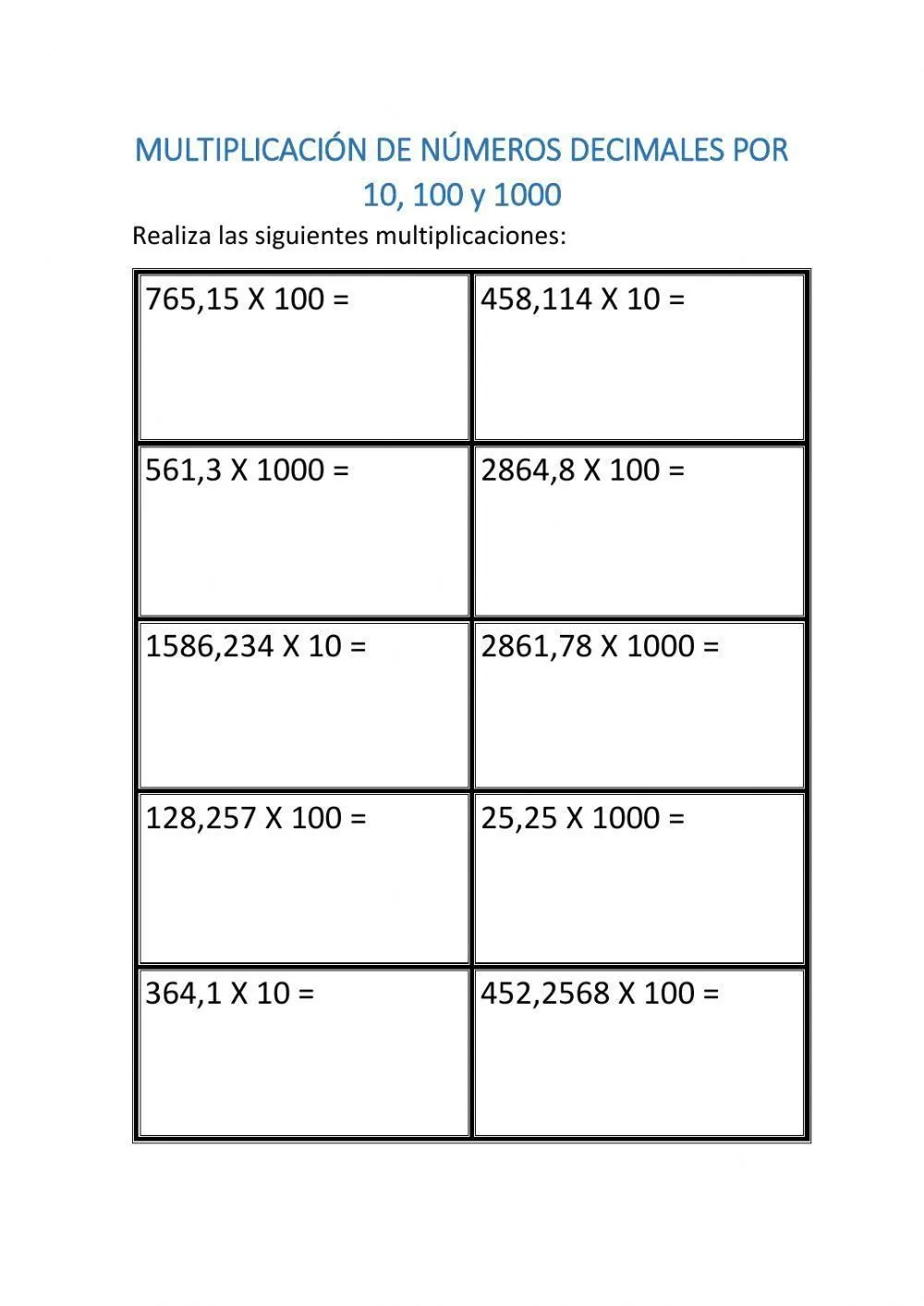 Multiplicación de números decimales por 10, 100 y 1000 worksheet | Live Worksheets Multiplicación de números decimales por 10, 100 y 1000 worksheet | Live Worksheets