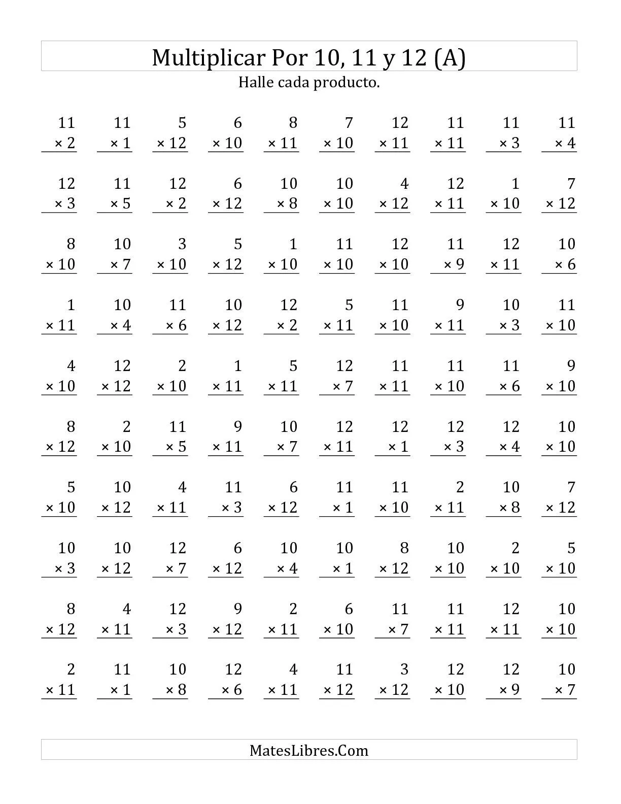 Multiplicar de 1 a 12 por 10, 11 y 12 (A) Hojas de Ejercicios de ...