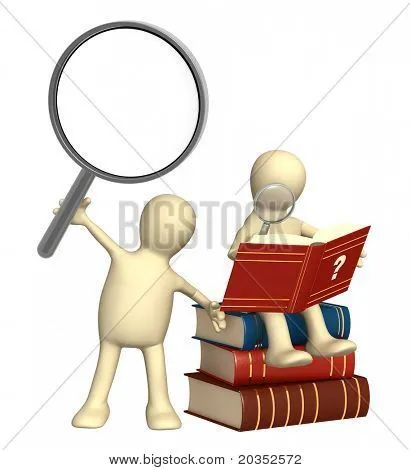 Dos muñecos 3d con libros y lupa Fotos stock e Imágenes stock ...