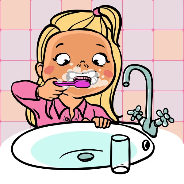 Niña de divertidos dibujos animados cepillarse sus dientes ... Niña de divertidos dibujos animados cepillarse sus dientes ...