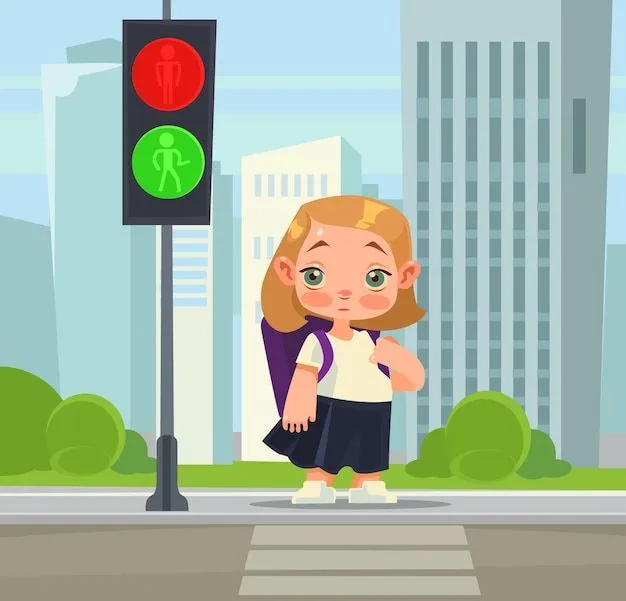 Niña de la escuela que cruza las reglas para los peatones. dibujos animados | Vector Premium Niña de la escuela que cruza las reglas para los peatones. dibujos animados | Vector Premium