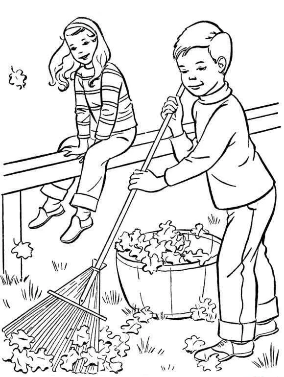 Niña y Niño Barriendo Hojas en Otoño para colorear, imprimir e dibujar –ColoringOnly.Com Niña y Niño Barriendo Hojas en Otoño para colorear, imprimir e dibujar –ColoringOnly.Com
