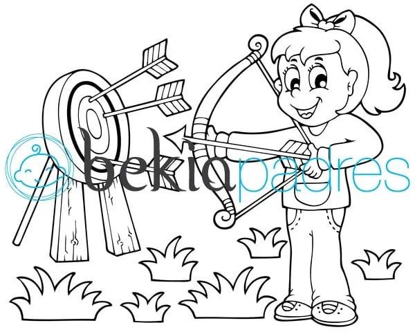 Niña practicando tiro al arco: dibujo para colorear Niña practicando tiro al arco: dibujo para colorear