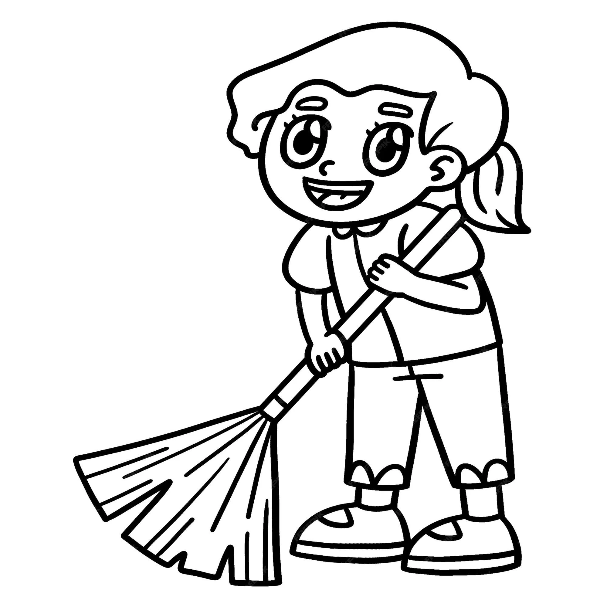 Niña del día de la tierra barriendo página para colorear aislada | Vector Premium Niña del día de la tierra barriendo página para colorear aislada | Vector Premium