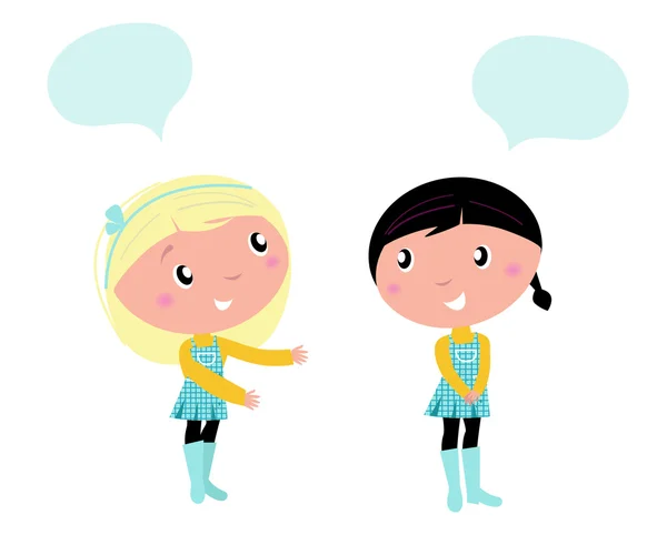 Dos niñas de la escuela linda hablando de algo — Vector stock ...