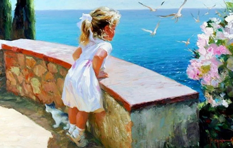 Niñas en el mar pintadas al óleo sobre lienzo | Pinturas al Óleo Niñas en el mar pintadas al óleo sobre lienzo | Pinturas al Óleo