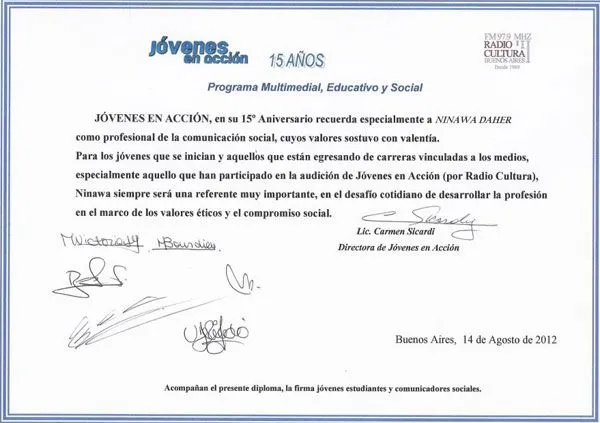 Nínawa Daher: Diploma y Homenaje de "Jóvenes en Acción" a Nínawa Daher Nínawa Daher: Diploma y Homenaje de "Jóvenes en Acción" a Nínawa Daher