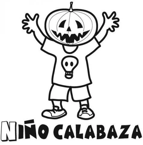 Niño con cabeza de calabaza para colorear en Halloween Niño con cabeza de calabaza para colorear en Halloween