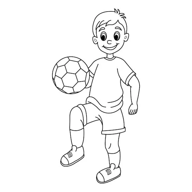 Niño de dibujos animados con balón de fútbol para colorear página | Vector Premium Niño de dibujos animados con balón de fútbol para colorear página | Vector Premium