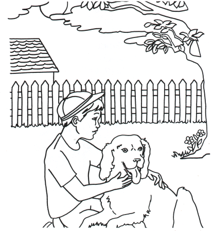 Niño con su perro en el jardin. Dibujo para colorear - Portal Escuela Niño con su perro en el jardin. Dibujo para colorear - Portal Escuela