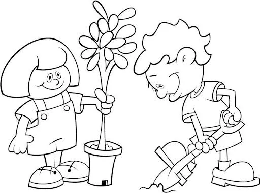Niños sembrando arboles para colorear - Imagui