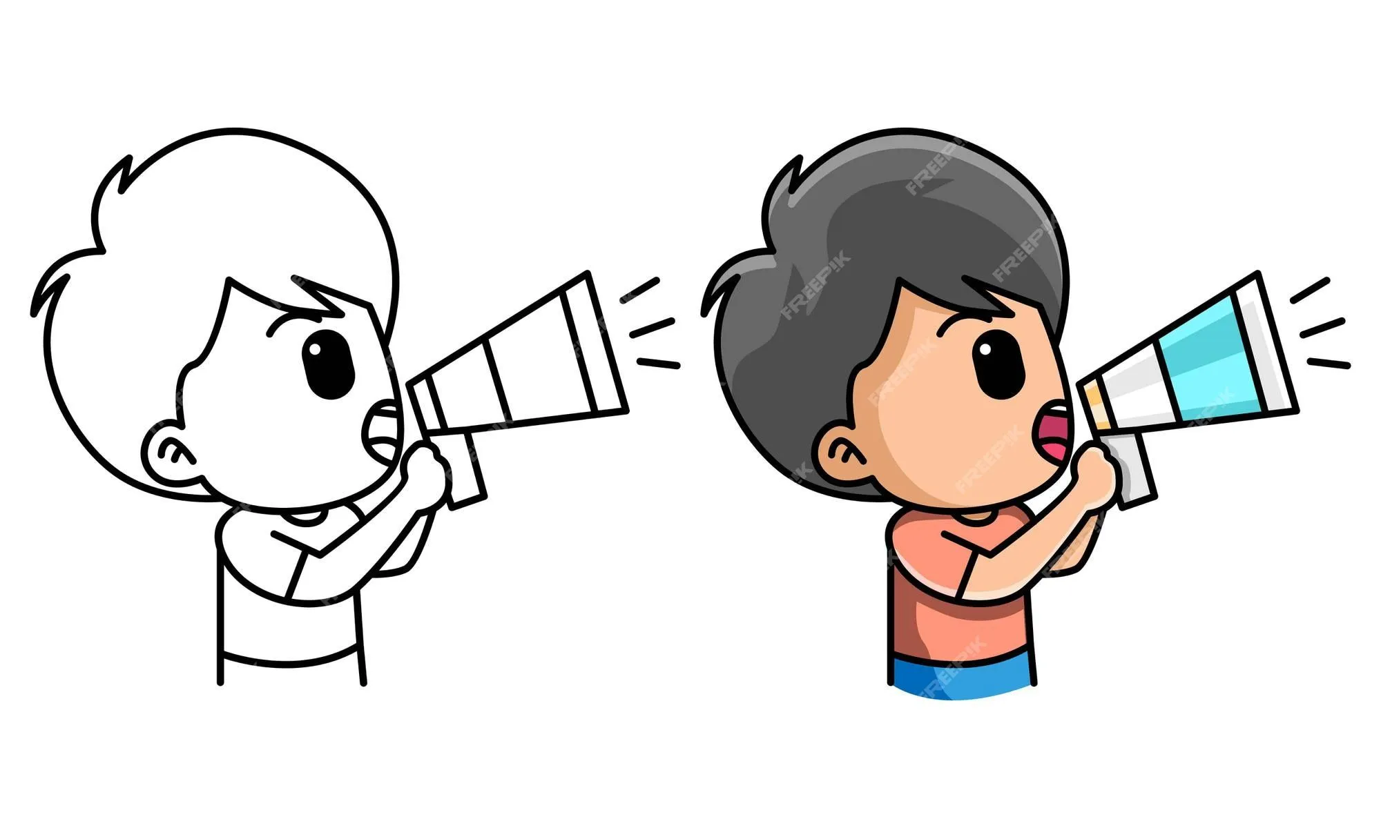 Niño sosteniendo un altavoz megáfono gritando anunciando página para colorear para niños | Vector Premium Niño sosteniendo un altavoz megáfono gritando anunciando página para colorear para niños | Vector Premium