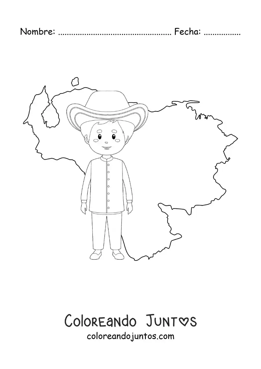 Niño con vestimenta tradicional y el mapa de Venezuela | Coloreando Juntos