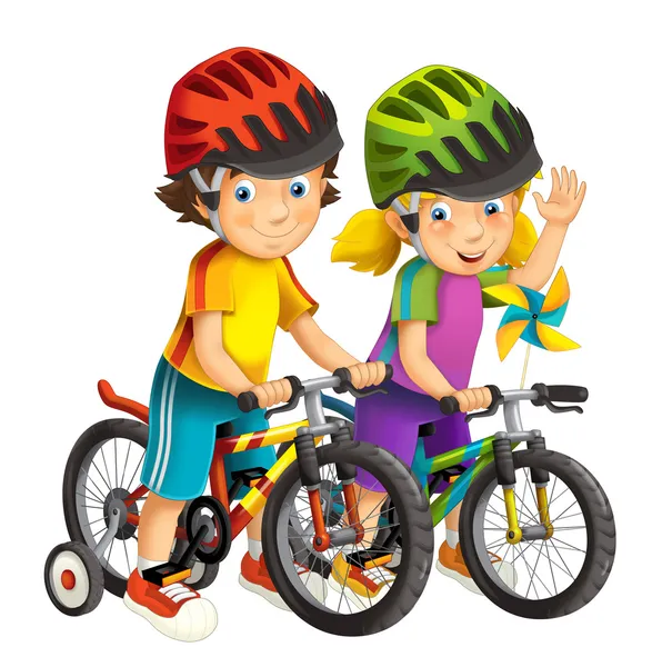 Niños de dibujos animados sobre una bicicletas — Foto stock ...