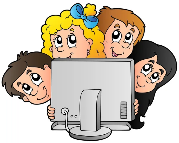 Niños de dibujos animados con la computadora — Vector stock ... Niños de dibujos animados con la computadora — Vector stock ...