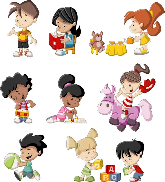 Niños de dibujos animados feliz jugando — Vector stock ... Niños de dibujos animados feliz jugando — Vector stock ...