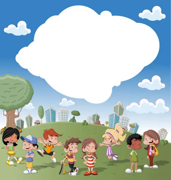 niños de dibujos animados jugando en el parque verde en la ciudad ... niños de dibujos animados jugando en el parque verde en la ciudad ...