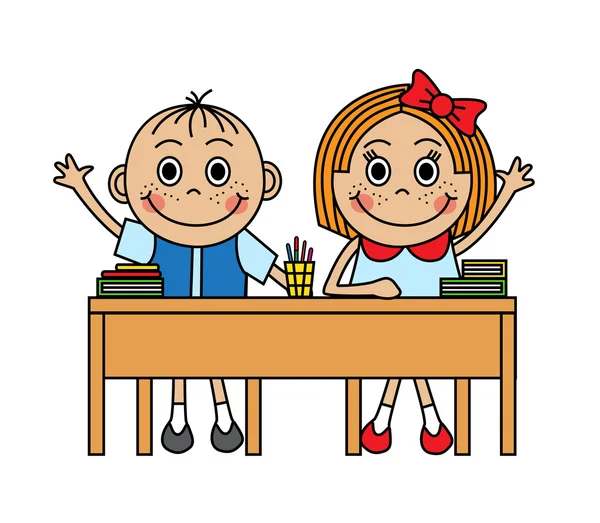 Niños de dibujos animados sentado en el escritorio de la escuela ...