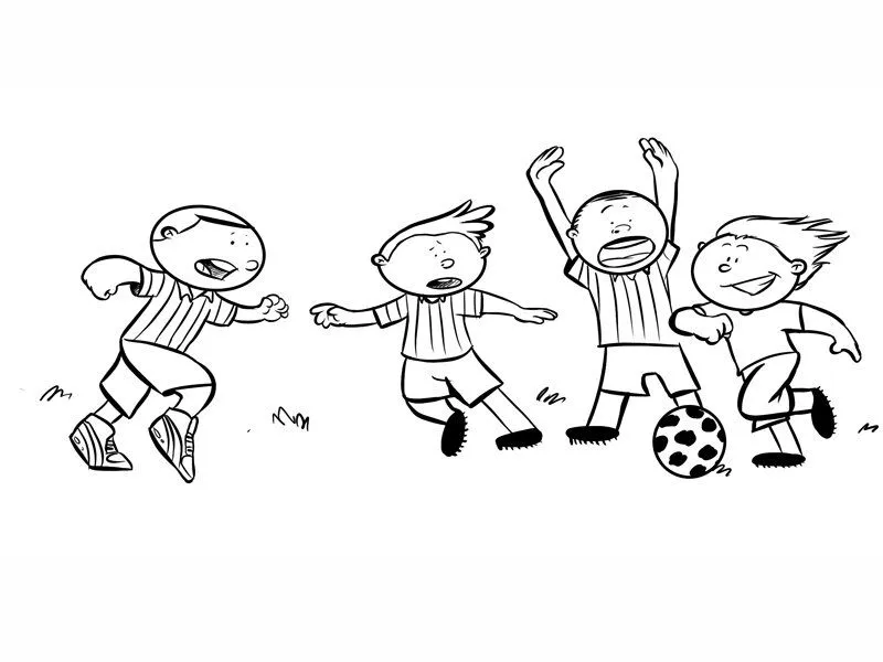 Niños jugando al fútbol. Dibujo de deportes para pintar Niños jugando al fútbol. Dibujo de deportes para pintar