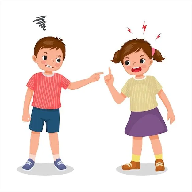 Niños lindos niño y niña enojados peleando discutiendo gritando a cada uno | Vector Premium Niños lindos niño y niña enojados peleando discutiendo gritando a cada uno | Vector Premium