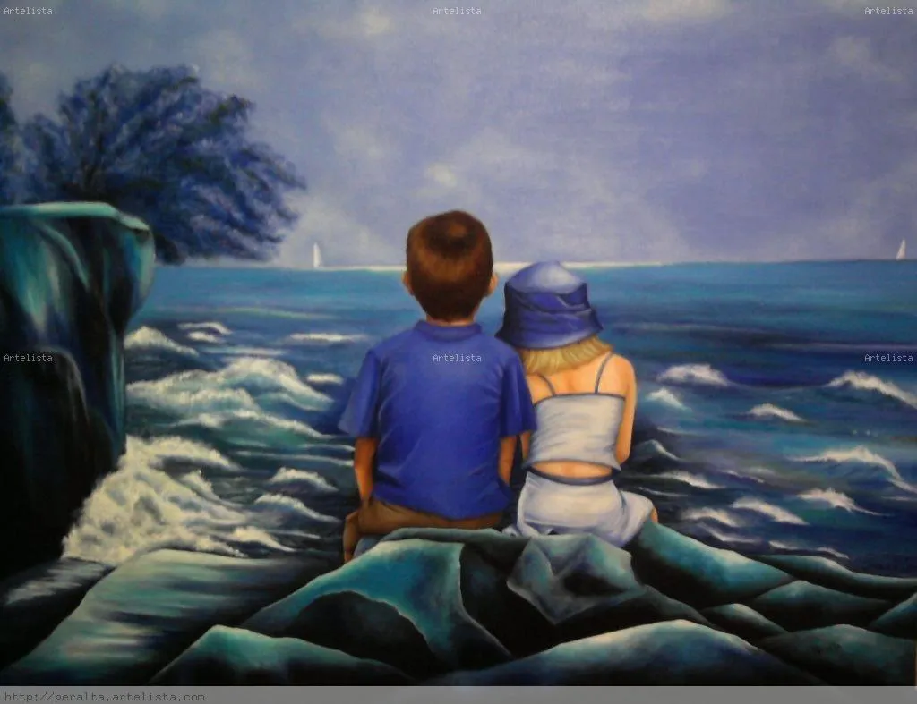 Niños mirando al mar Óleo Lienzo Paisaje