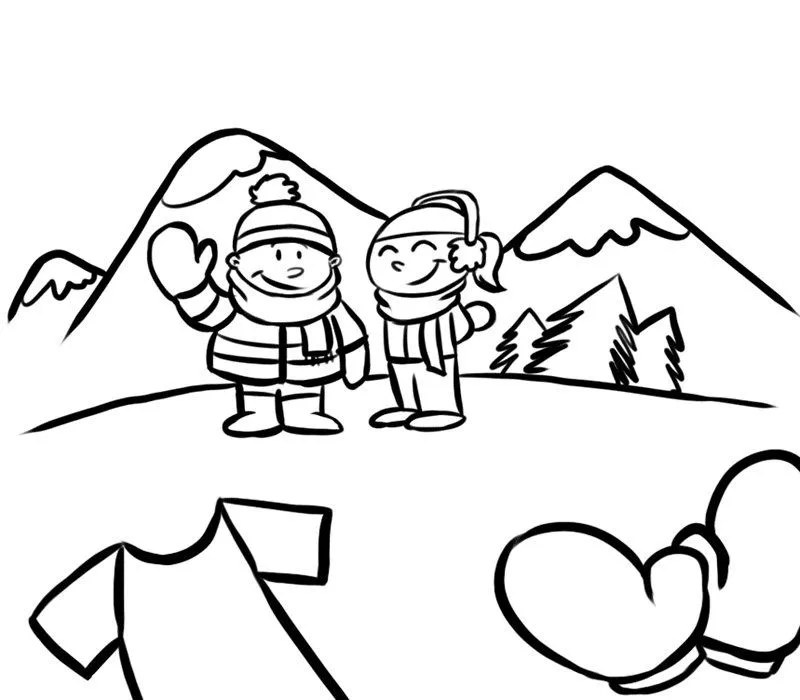 Niños en la montaña para colorear. Dibujos de invierno Niños en la montaña para colorear. Dibujos de invierno