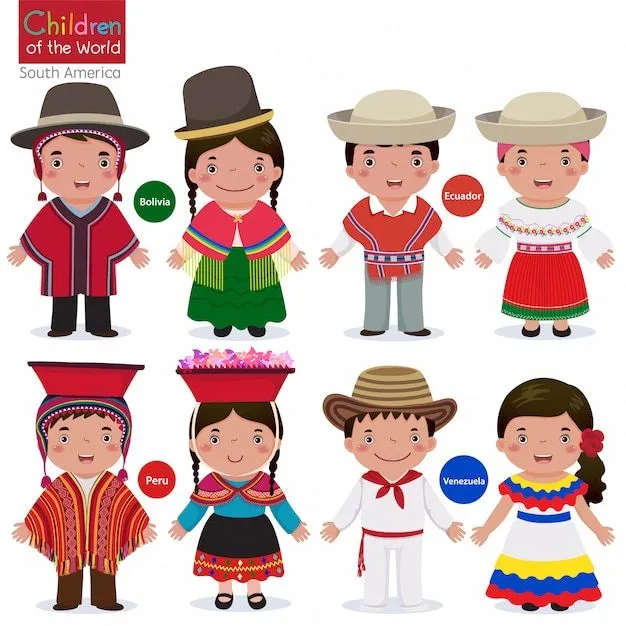 Niños en diferentes trajes tradicionales-bolivia-ecuador-perú-venezuela | Vector Premium Niños en diferentes trajes tradicionales-bolivia-ecuador-perú-venezuela | Vector Premium
