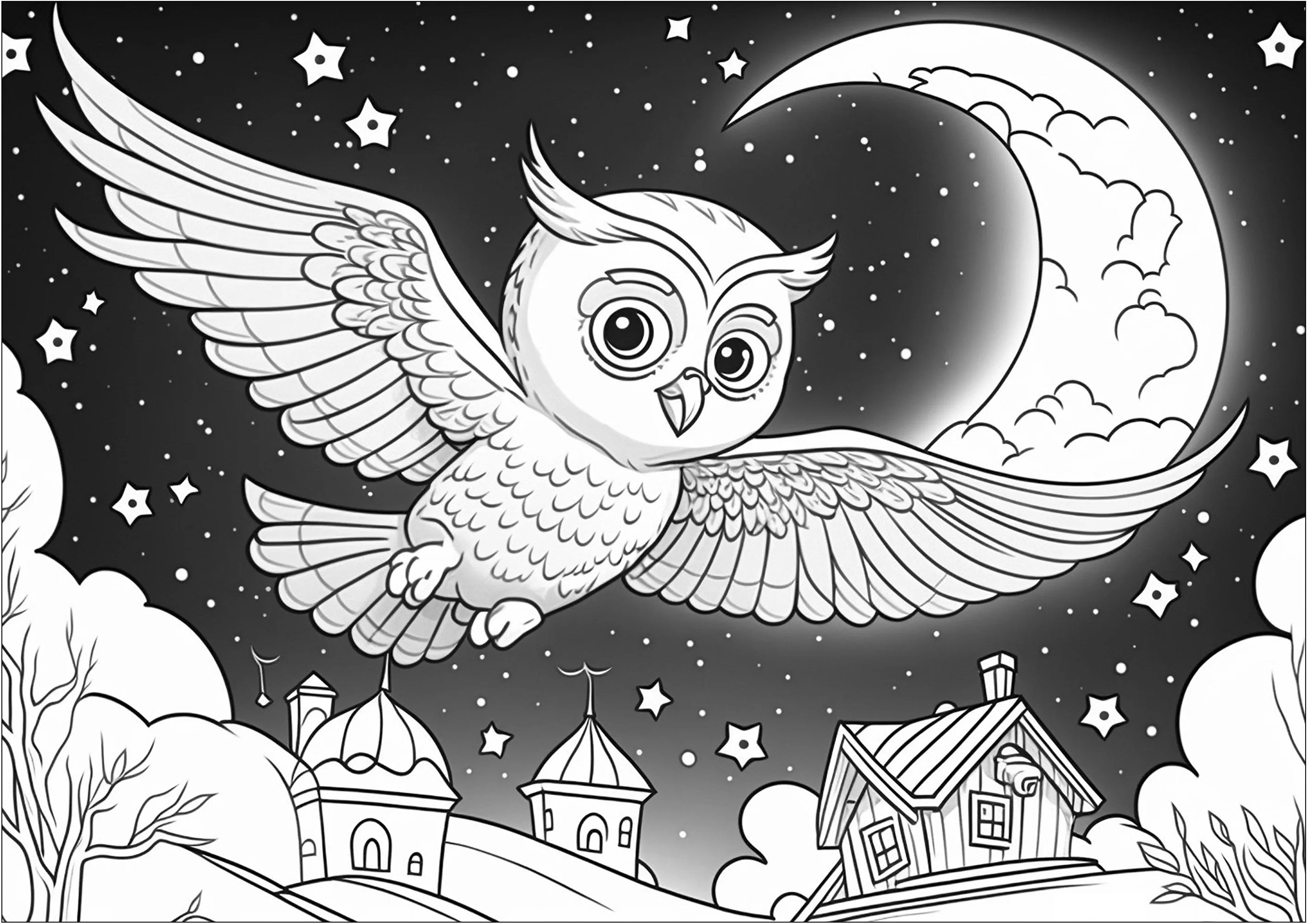 Noche estrellada con búho y luna - Búho - Just Color Niños : Dibujos para colorear para niños Noche estrellada con búho y luna - Búho - Just Color Niños : Dibujos para colorear para niños