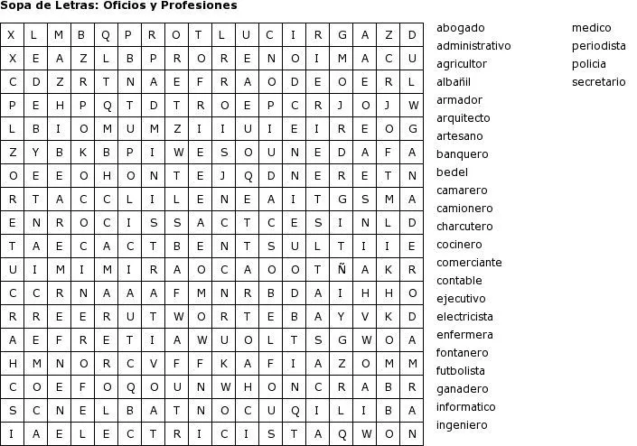 Pasatiempos para Imprimir: Sopa de Letras - Oficios y Profesiones
