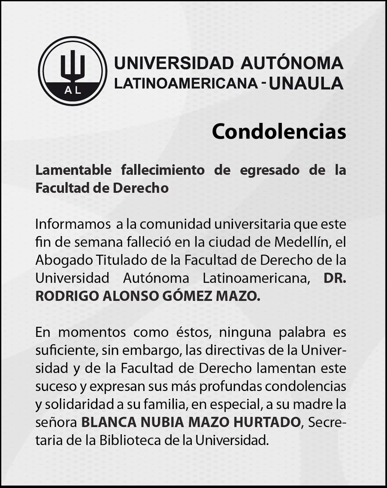 noticias unaula: Condolencias
